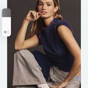 Anthropologie Dolan Contrast Stitch Tee Navy Marin Pink Size Small NWT New